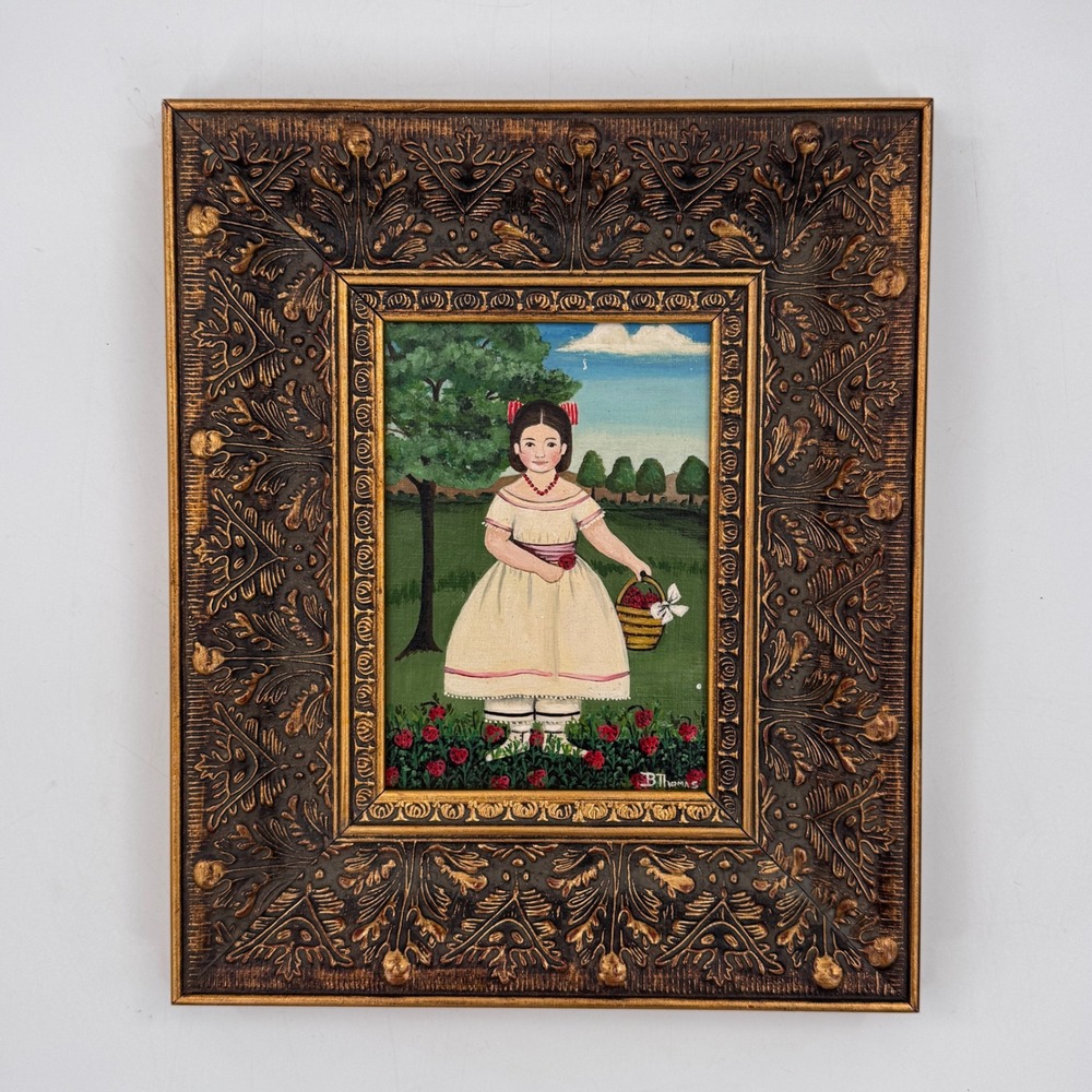Vintage Folk Art Girl Portrait Oil Painting Ornate Gilt Frame Signed 10x12